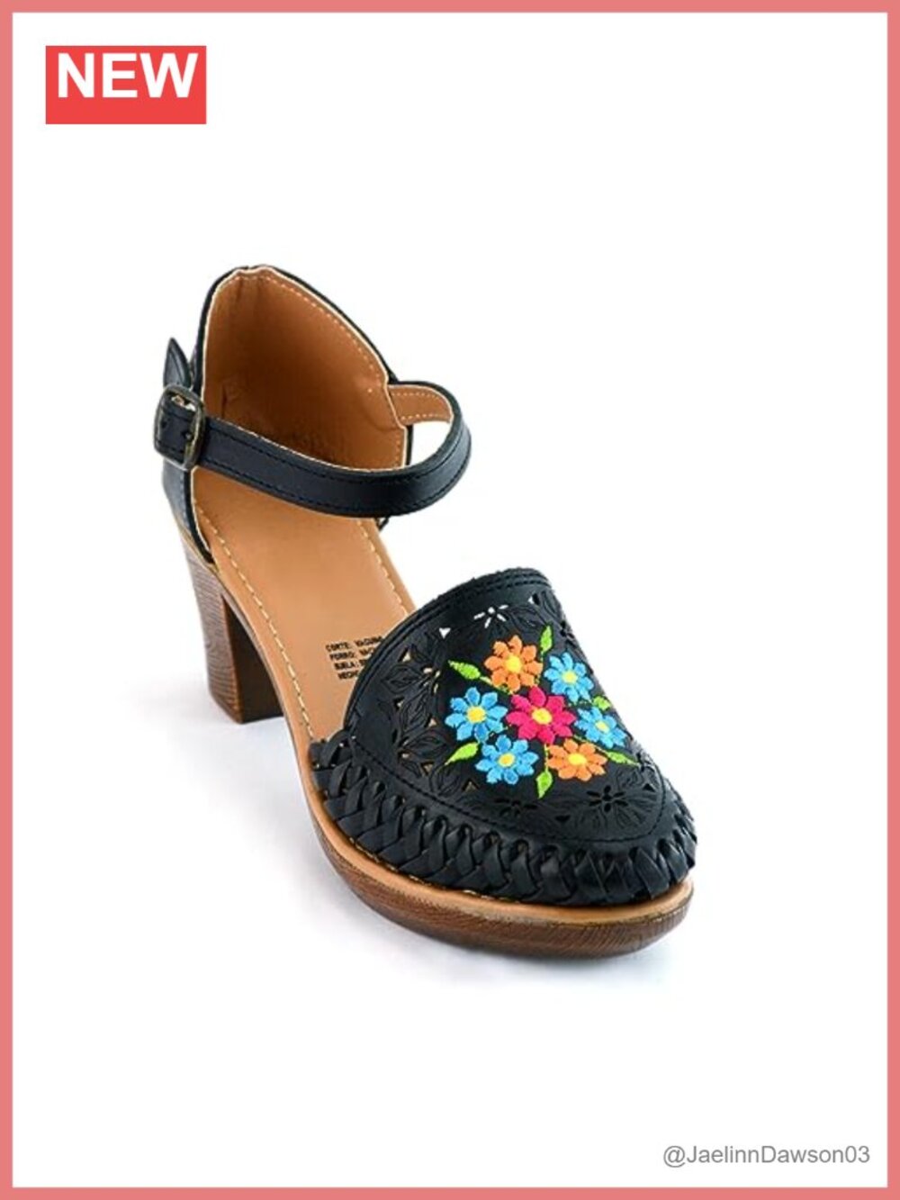 Handmade Genuine Leather Embroidered Block Heel Sandals with Ankle Strap